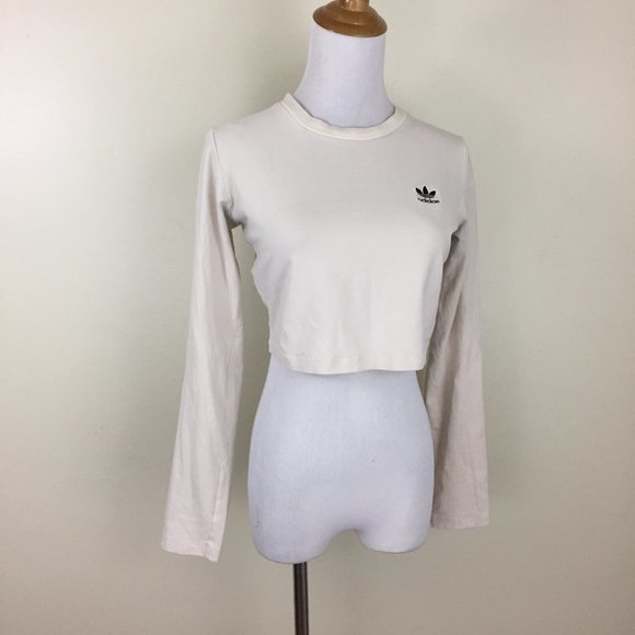 ADIDAS Light Taupe Black Logo Embroidery Long Sleeve Cropped Shirt - Picture 1 of 15